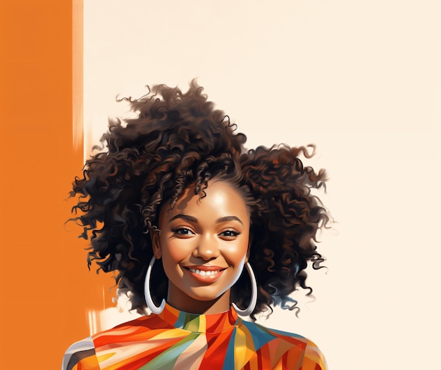 Foto ilustração de uma mulher afro-americana de cabelos cacheados sorrindo