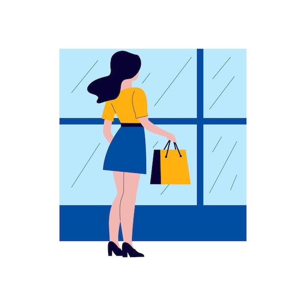 Ilustração de uma mulher bonita segurando um saco de papel de compras em uma loja