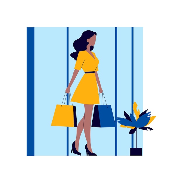 Ilustração de uma mulher bonita segurando um saco de papel de compras em uma loja