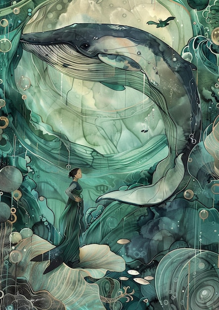 Ilustração de uma mulher caminhando no oceano com uma baleia generativa ai