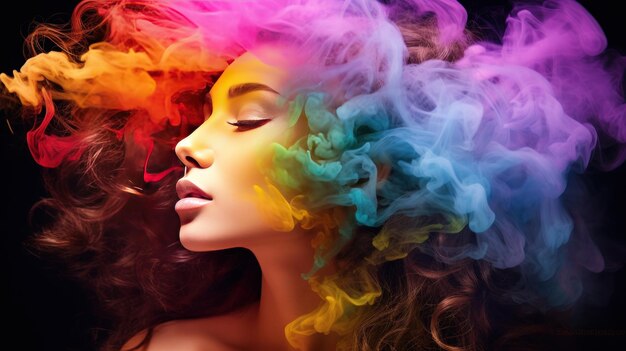 Ilustração de uma mulher com colorido Rainbow Smoke por aí imagem gerada por IA