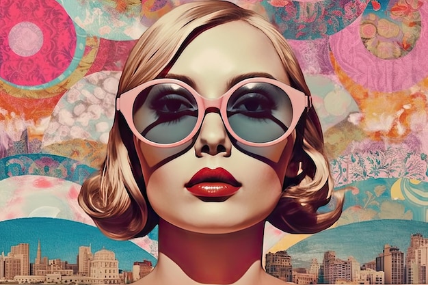 Ilustração de uma mulher com óculos de sol em um estilo inspirado na pop art e composição onírica viagem glamour retrô Generative AI