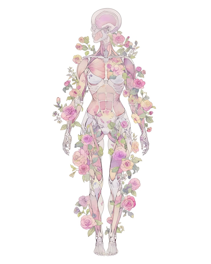 Foto ilustração de uma mulher com um esqueleto e flores em seu corpo