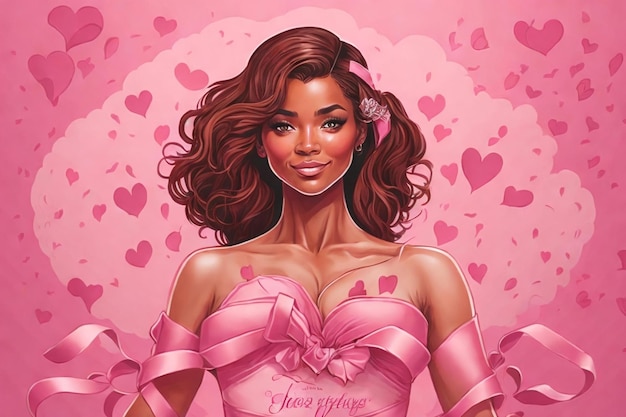 ilustração de uma mulher com uma camisa rosa com uma fita rosa cercada por folhas e flores cor de rosa