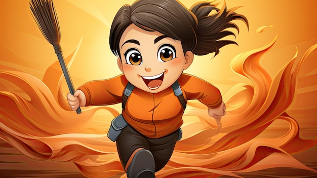 Ilustração de uma mulher correndo segurando uma vassoura em um fundo de fogo