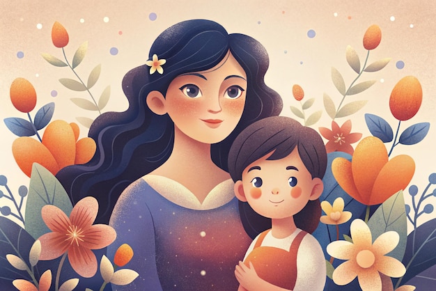 Ilustração de uma mulher e uma criança de pé em um campo de flores