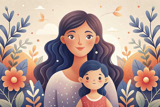 Ilustração de uma mulher e uma criança estão em um parque com árvores e flores