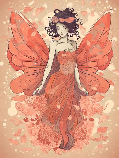 ilustração de uma mulher em um vestido vermelho com uma borboleta em suas costas generativo ai
