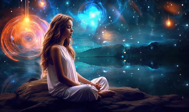 Foto ilustração de uma mulher meditando em um fundo de espaço colorido vibrante