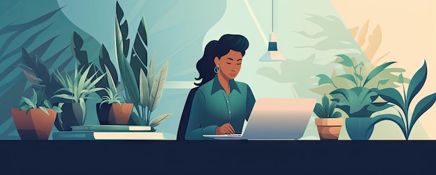 ilustração de uma mulher negra na frente do laptop trabalhando ao lado de um monte de conceito de negócio de plantas