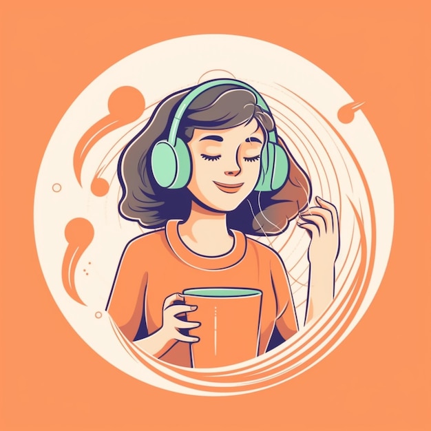 Foto ilustração de uma mulher ouvindo música com fones de ouvido e uma xícara de café