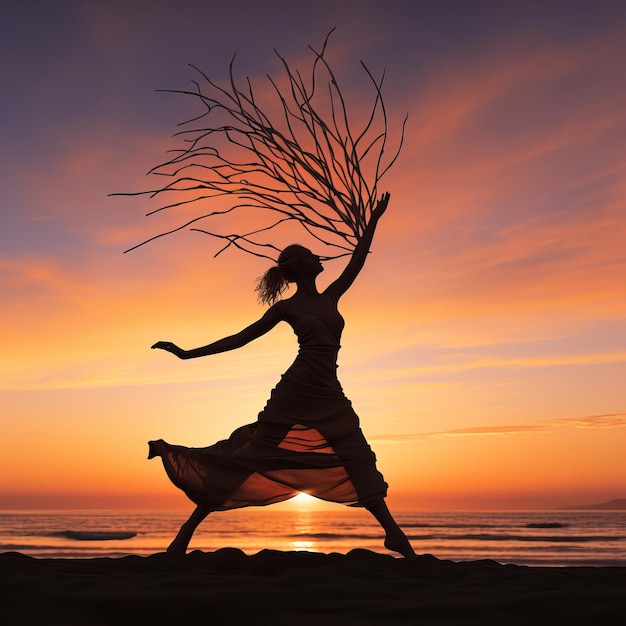 Ilustração de uma mulher praticando ioga em uma praia ao pôr do sol com vermelho