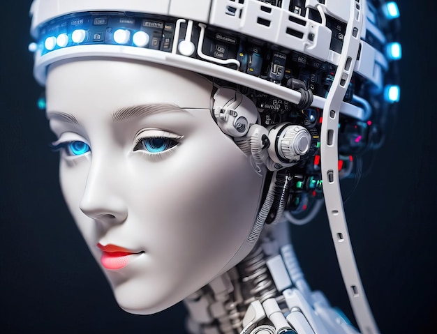 Ilustração de uma mulher-robô de cabeça com sistema eletrônico isolado em fundo preto generativo ai