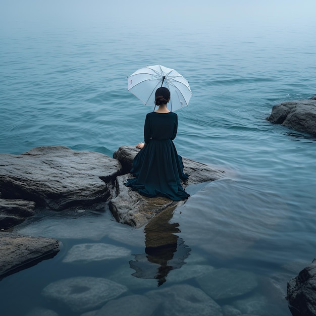 ilustração de uma mulher segurando um guarda-chuva no oceanchineseon