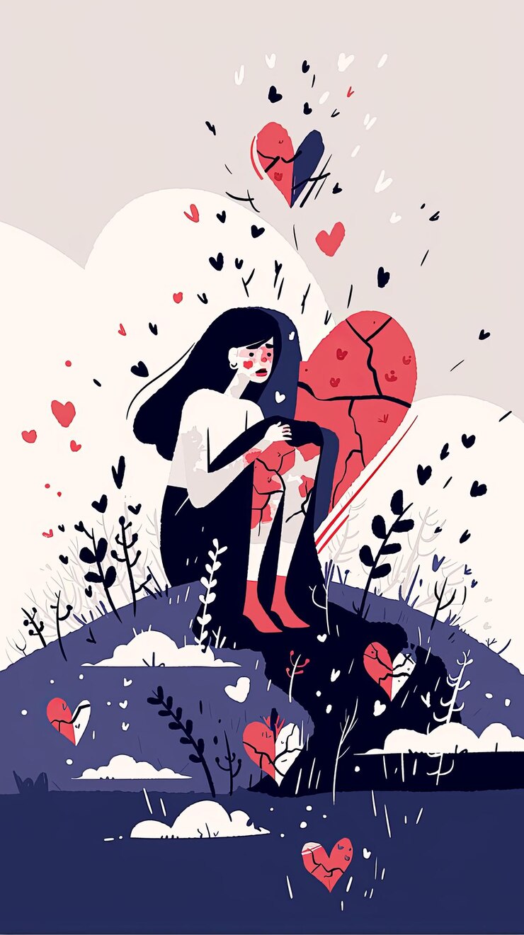 Foto ilustração de uma mulher sentada com elementos de coração quebrado