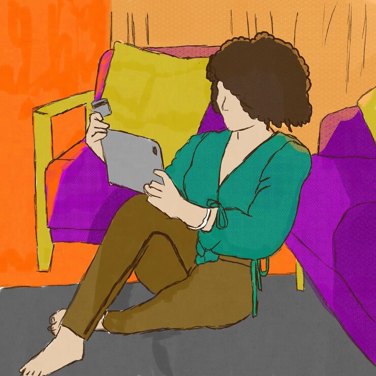 Foto ilustração de uma mulher sentada no chão da sala de estar fazendo compras on-line com seu crédito ca