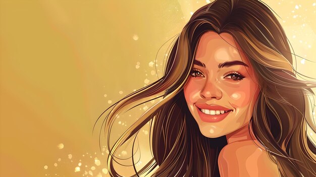 Ilustração de uma mulher sorridente com cabelo fluido em tons quentes perfeita para conceitos de beleza e estilo de vida retrato de arte digital com fundo brilhante ai