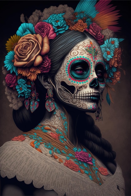 ilustração de uma mulher usando maquiagem e vestido de caveira Dia dos Mortos ou Da de los Muertos