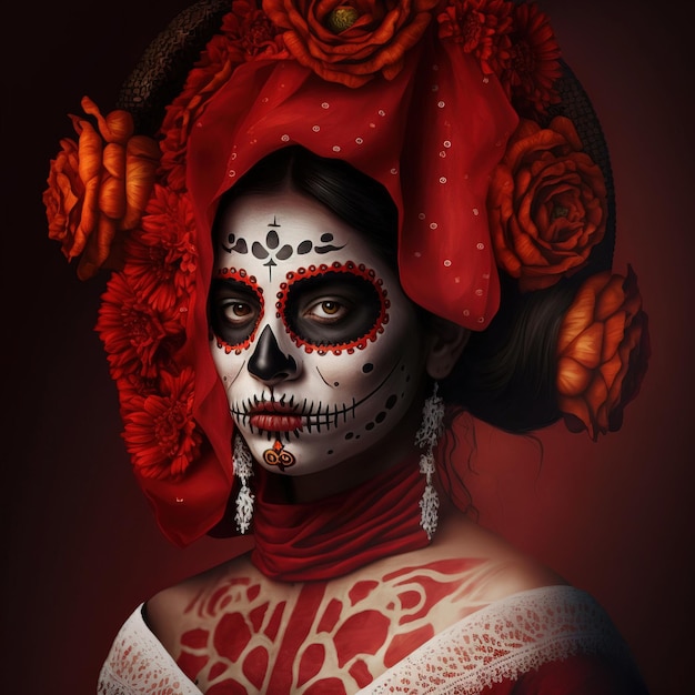 ilustração de uma mulher usando maquiagem e vestido de caveira Dia dos Mortos ou Da de los Muertos