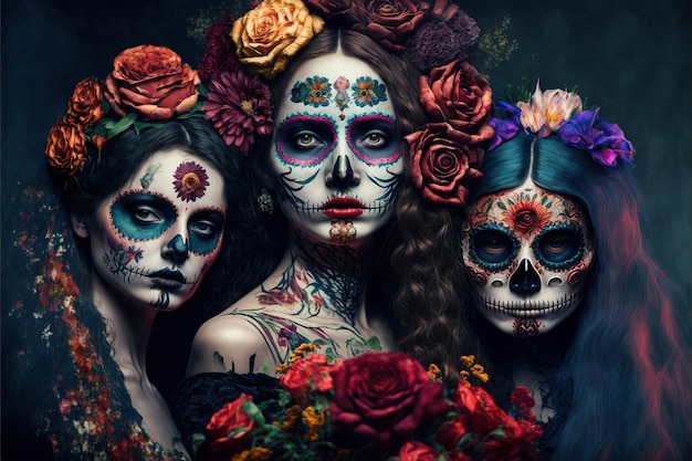 ilustração de uma mulher usando maquiagem e vestido de caveira Dia dos Mortos ou Da de los Muertos