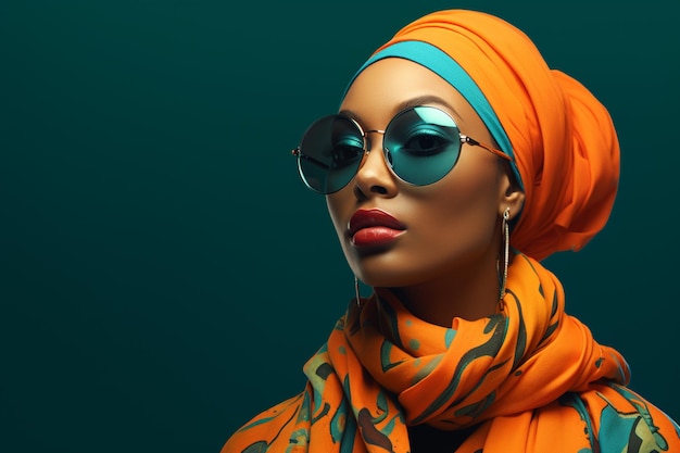 ilustração de uma mulher usando óculos e turbante posando em um fundo colorido