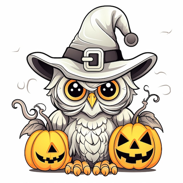 ilustração de uma página para colorir para crianças, uma linda coruja de Halloween vestindo