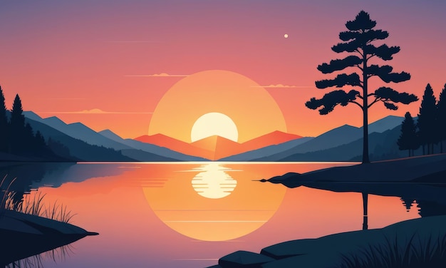 Ilustração de uma paisagem à beira do lago durante o pôr do sol