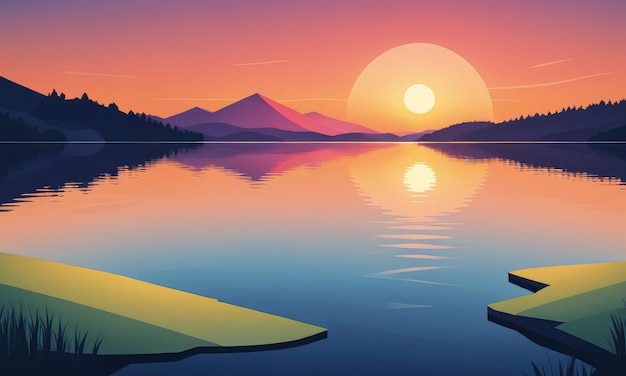 Ilustração de uma paisagem à beira do lago durante o pôr do sol