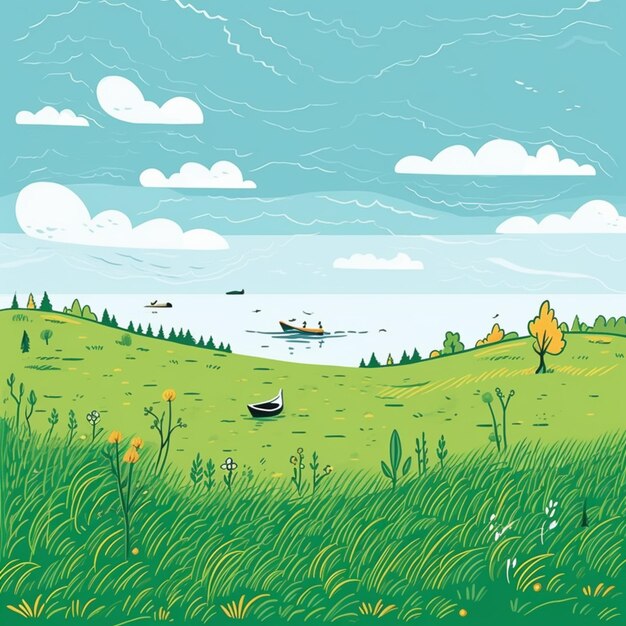 ilustração de uma paisagem com um barco e um lago generativo ai