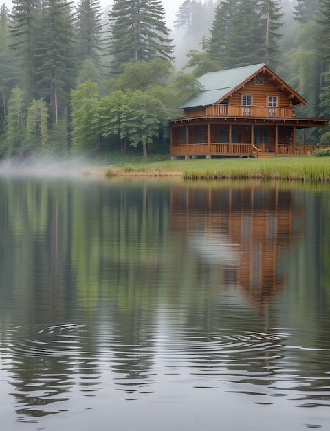 ilustração de uma paisagem com um pequeno barco e uma casa em um lago