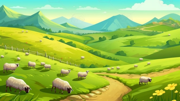 Ilustração de uma paisagem de desenho animado com ovelhas pastando em um campo generativo ai