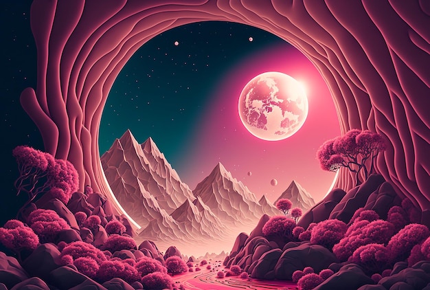 Ilustração de uma paisagem de fantasia abstrata em rosa com lua e estrelas Generative AI