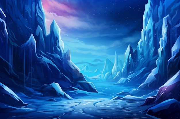 Ilustração de uma paisagem de montanha congelada com um rio generativo ai congelado