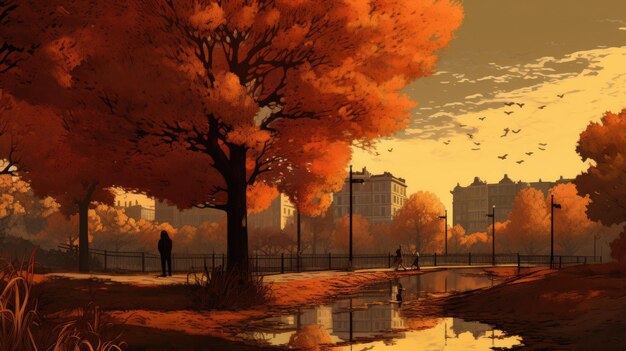 Ilustração de uma paisagem de outono em um parque da cidade com um lago