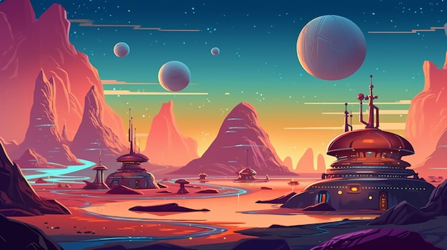 Ilustração de uma paisagem futurista de ficção científica com uma nave espacial e um planeta distante generativo ai