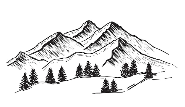 Ilustração de uma paisagem montanhosa com pinheiros