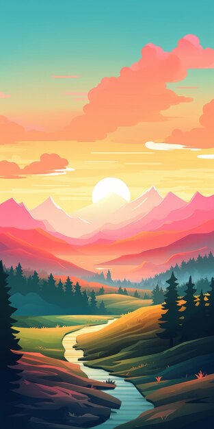 Foto ilustração de uma paisagem montanhosa vibrante com pôr-do-sol