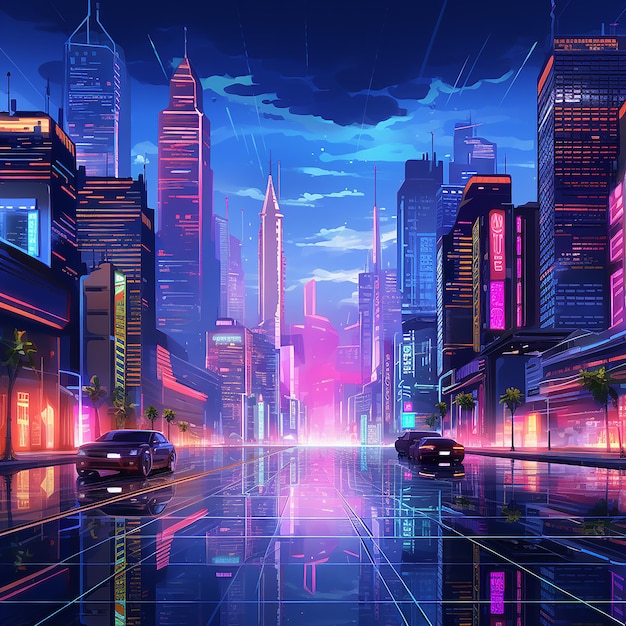 ilustração de uma paisagem urbana futurista com luzes de néon