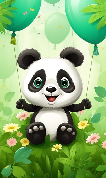 Foto ilustração de uma panda com balões ilustração de cartão de aniversário