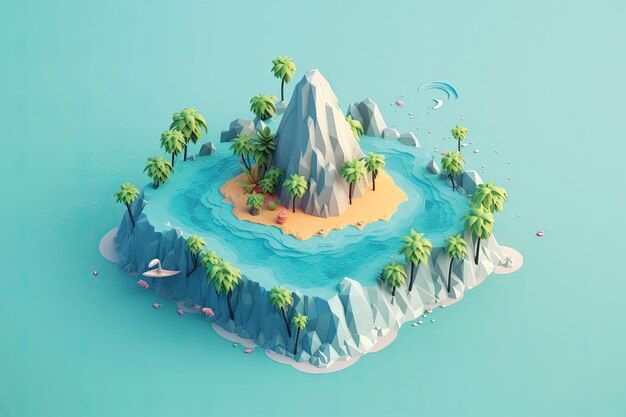 Foto ilustração de uma pequena ilha na renderização 3d do oceano