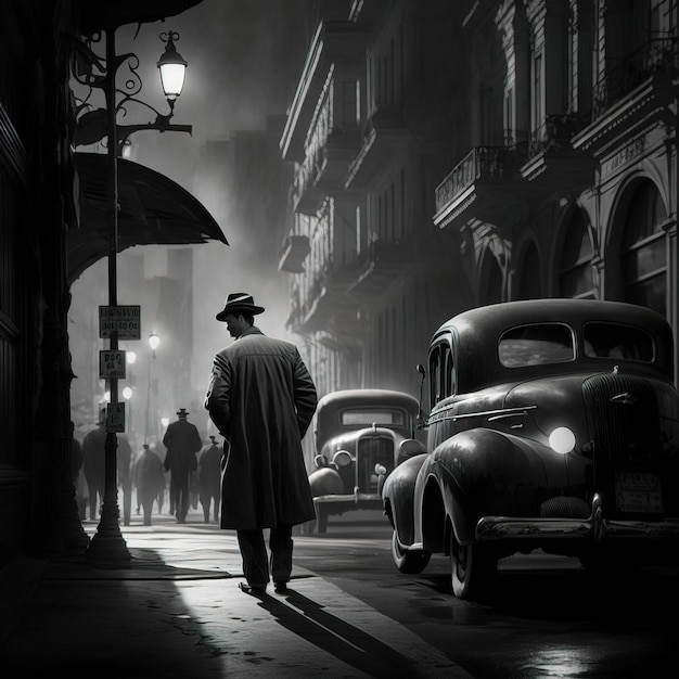 ilustração de uma pessoa andando em uma cidade 30s noire atmosfera generativa ai