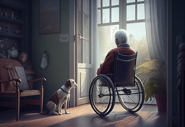 Ilustração de uma pessoa idosa sentada em um carrinho de rodas perto de uma janela com um cachorro
