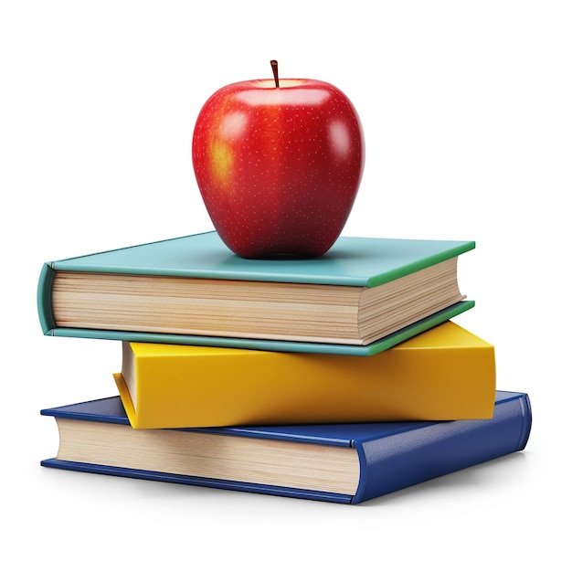 Ilustração de uma pilha multicolorida de livros com maçã