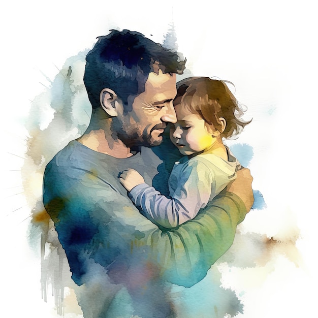 Ilustração de uma pintura de pai e filho usando aquarelas coloridas com expressões