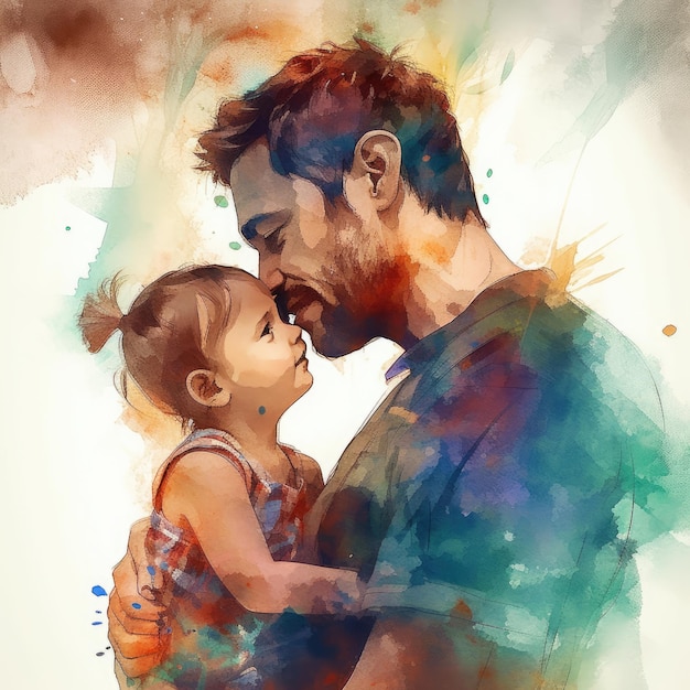 Ilustração de uma pintura de pai e filho usando aquarelas coloridas com expressões