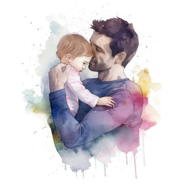 Ilustração de uma pintura de pai e filho usando aquarelas coloridas com expressões