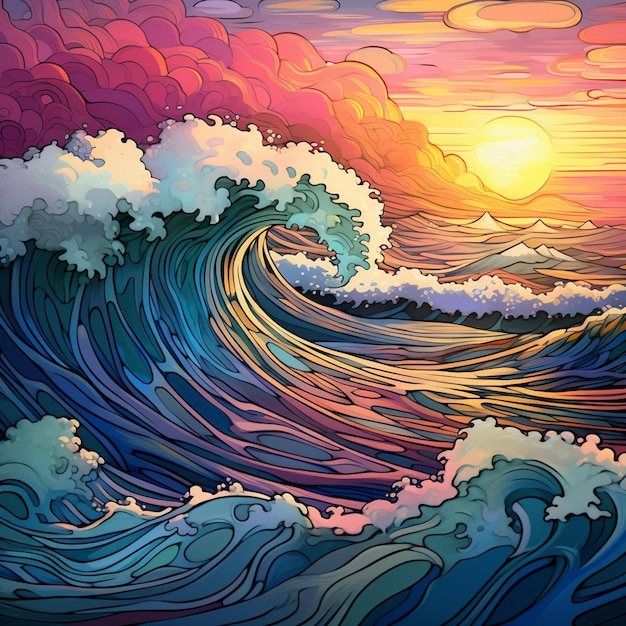 ilustração de uma pintura de uma onda quebrando no oceano generativa ai