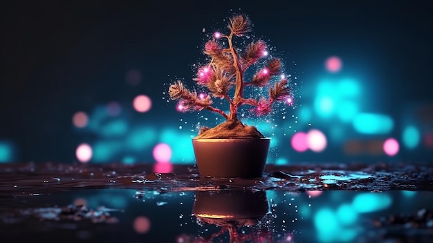 Ilustração de uma planta vibrante em vaso de árvore de Natal refletindo sua beleza em uma superfície brilhante