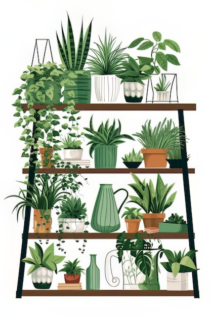 Ilustração de uma prateleira com diferentes plantas de casa em um fundo branco