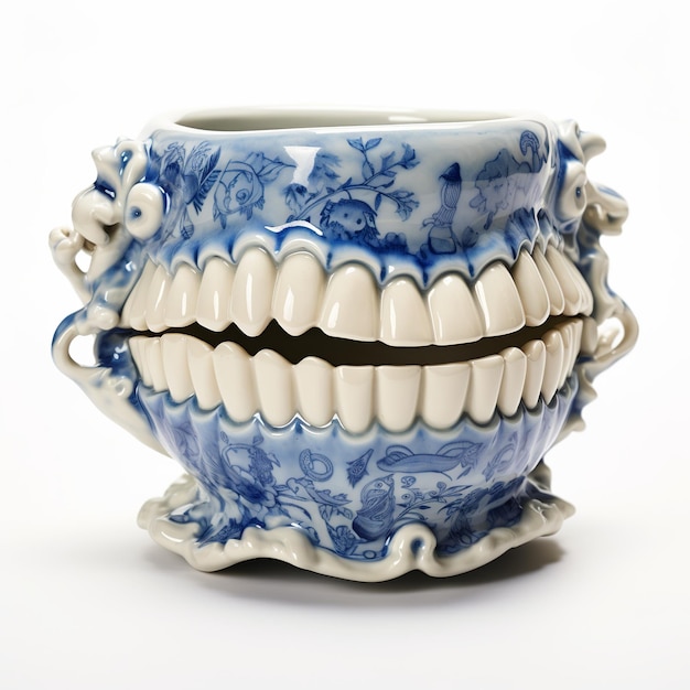 Foto ilustração de uma prótese de porcelana branca e azul sobre fundo branco